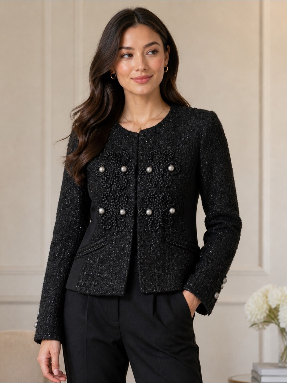 Express Black Tweed Pearl-Button Blazer